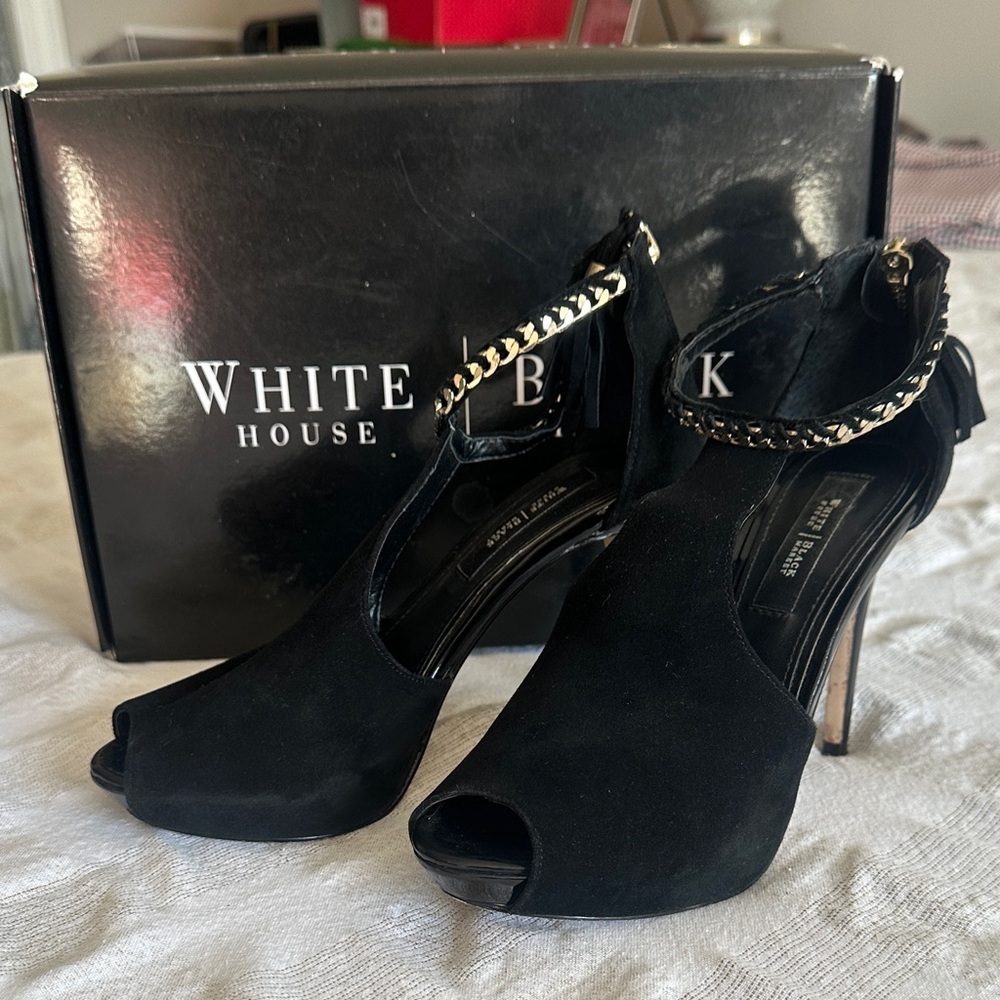 White House Black Market Black Peep Toe Heels with Chain Detail